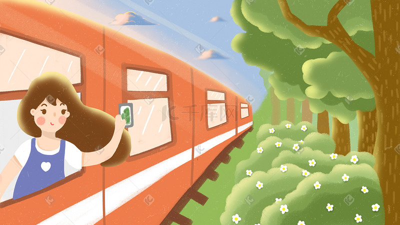 国庆小长假坐火车出行旅游拍照看风景插画图片