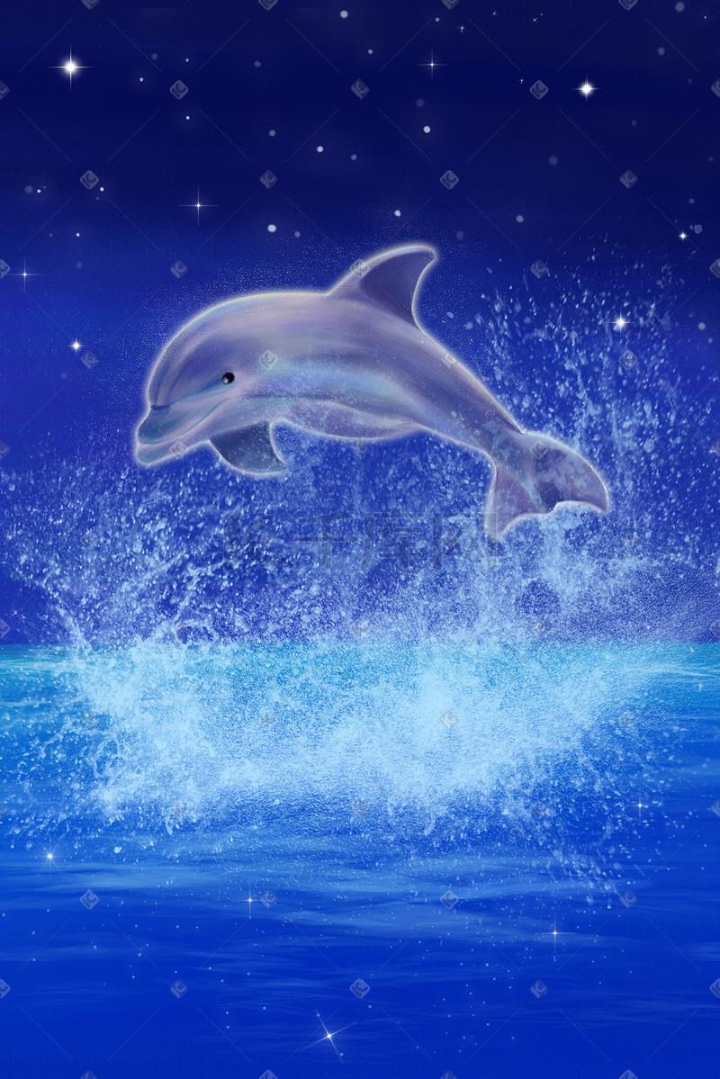 手绘插画发光的海豚图片