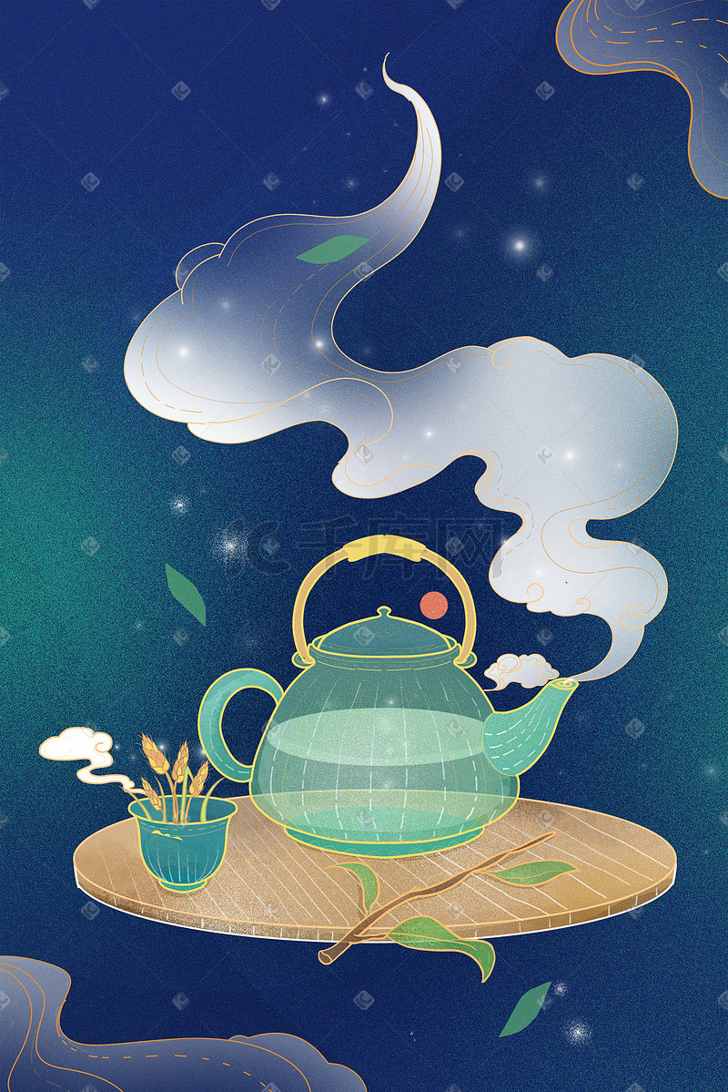 蓝色小清新茶壶创意海报插画图片