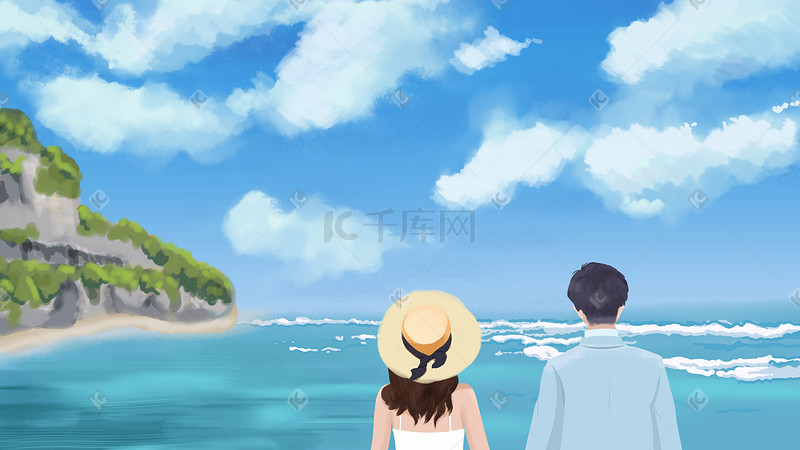 面朝大海情侣约会旅行插画图片