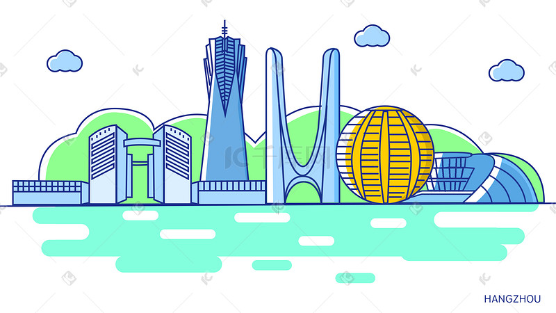 杭州标志建筑插画图片