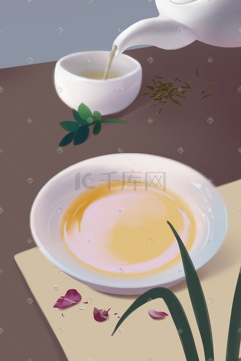 茶具倒茶高级灰插画图片