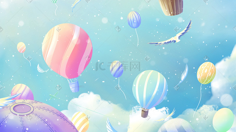 蓝色唯美卡通夏季热气球天空白云油画配图图片