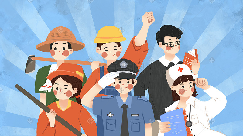 护士消防员老师农民工人警察卡通人物插画图片
