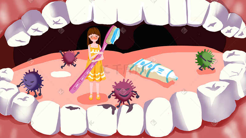 防止蛀牙保护牙齿清洁牙齿卡通创意插画图片