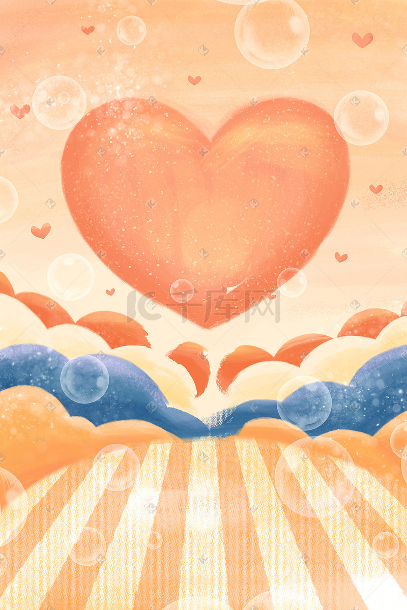 橙色系治愈唯美气泡心形云朵背景图片
