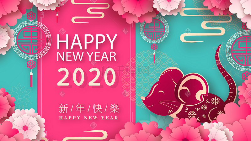 2020鼠年新年春节中国风剪纸扁平配图图片