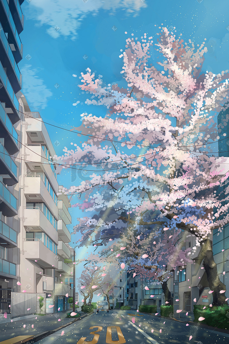 手绘樱花节小区樱花树插画图片