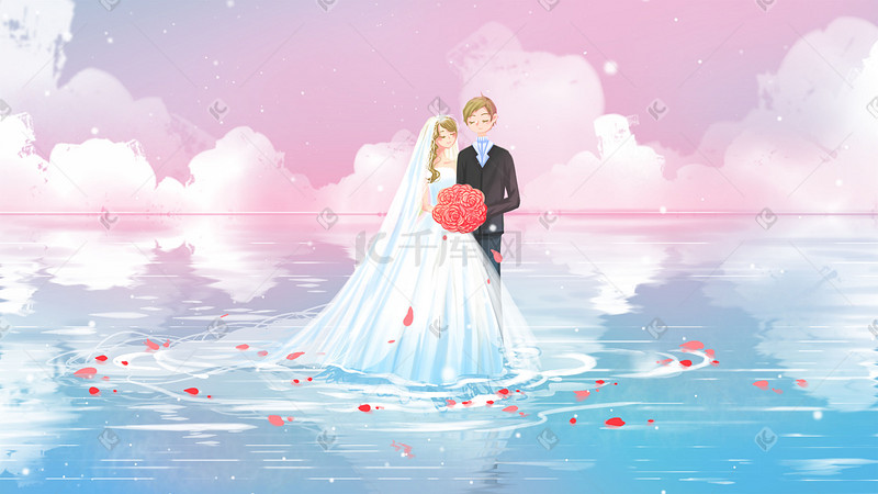 粉色唯美卡通治愈小清新爱琴海结婚婚礼配图图片