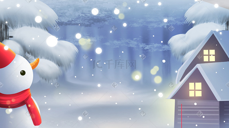 冬天下雪雪人房屋风景图图片