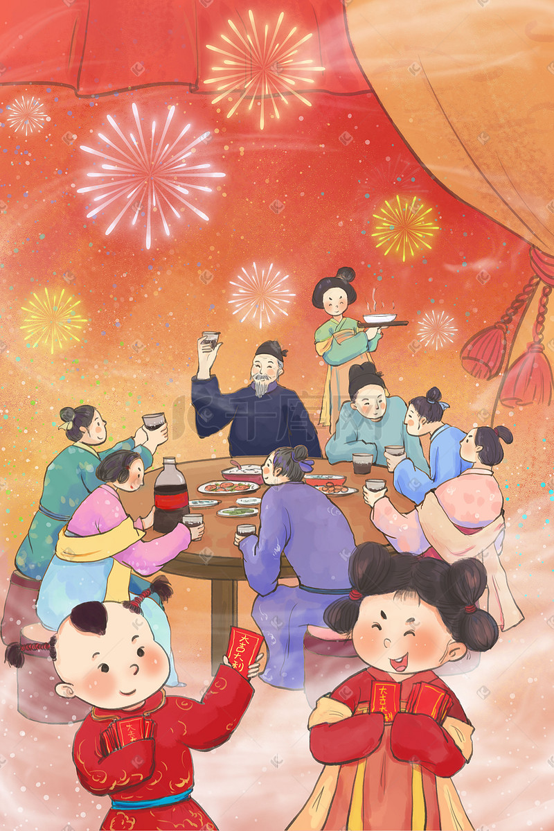 新年春节年夜饭古风主题之过年聚会喝酒聊天图片