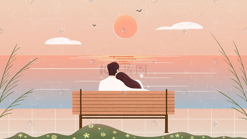 情人节海边长椅上的情侣图片