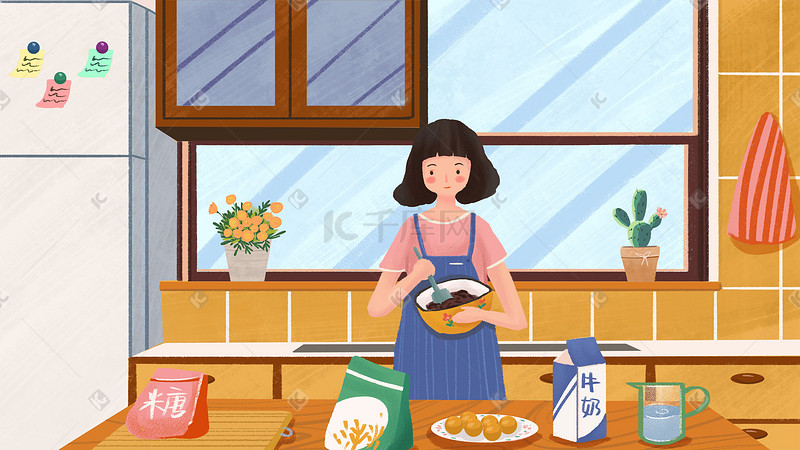 女孩厨房准备做月饼材料场景中秋图片