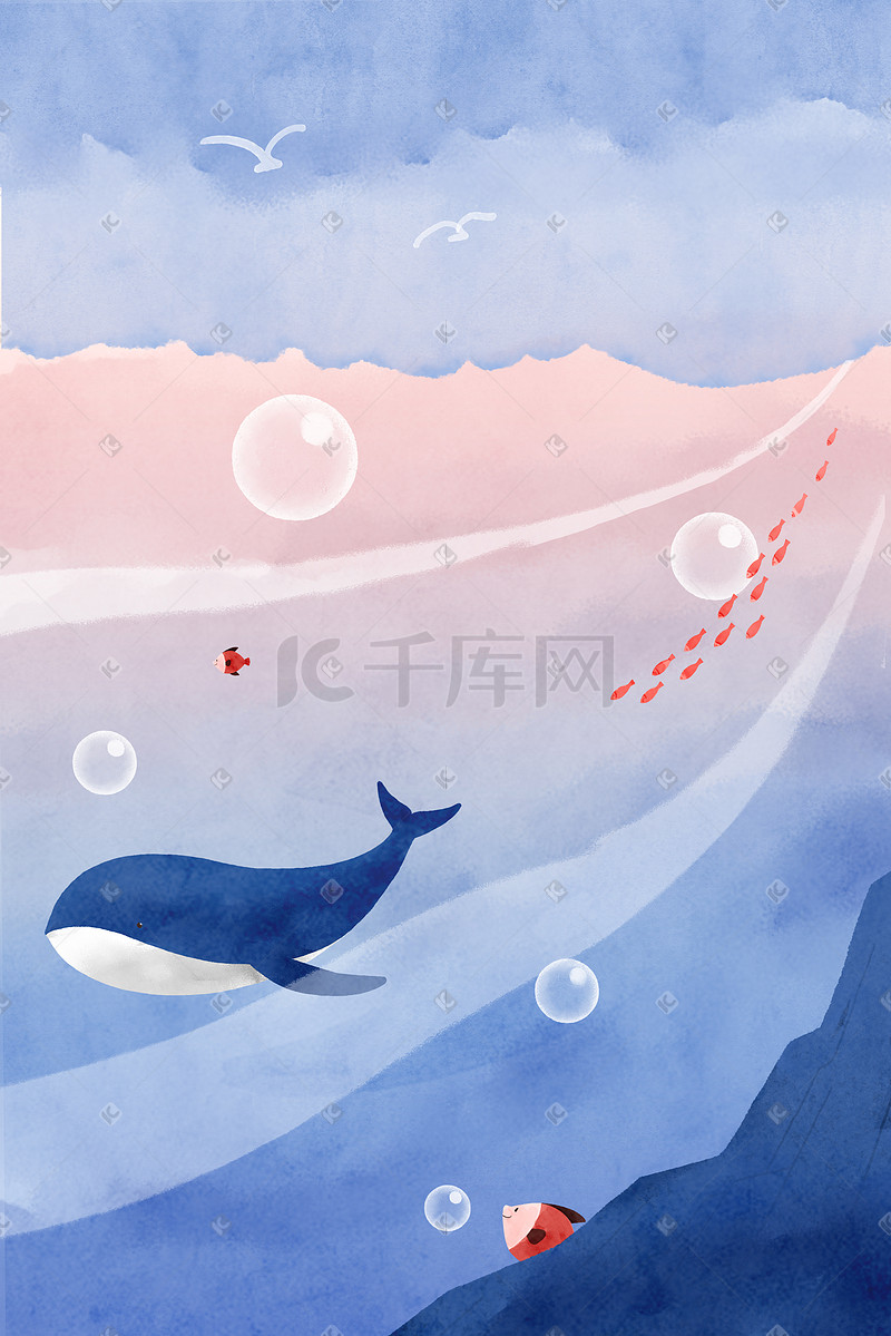 蓝色天空白云梦幻卡通蓝天鲸鱼大海海洋背景图片