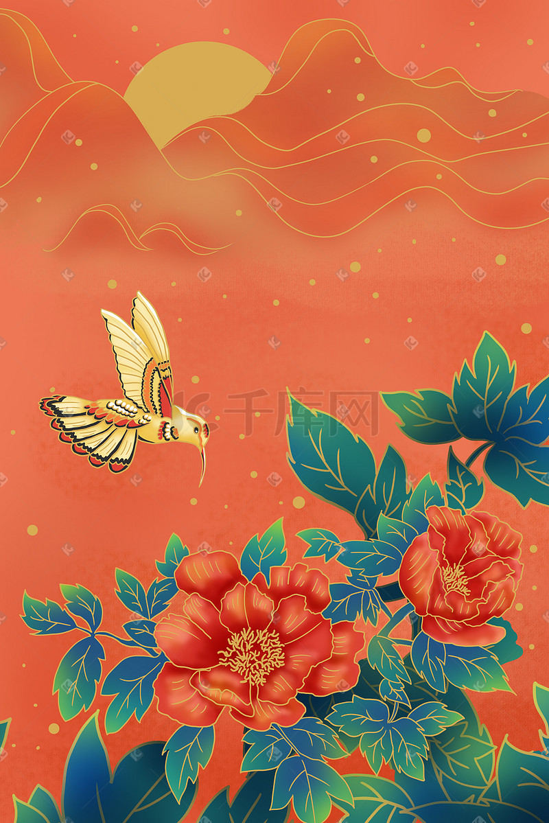 炫彩中国风圆月牡丹花蜂鸟图片