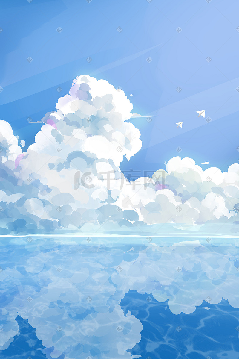 水彩治愈通用天空蓝天云纸飞机海风景背景图片