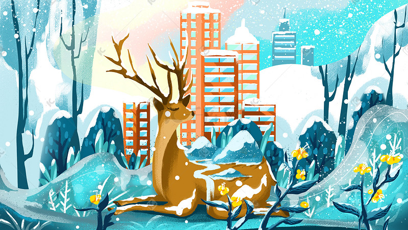 大雪小雪麋鹿地产森林插画图片