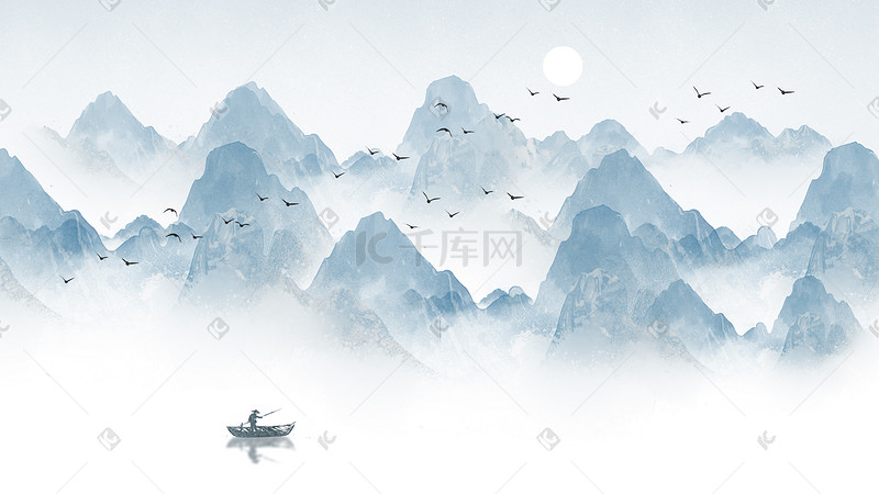 中国风水墨背景千山飞鸟图片