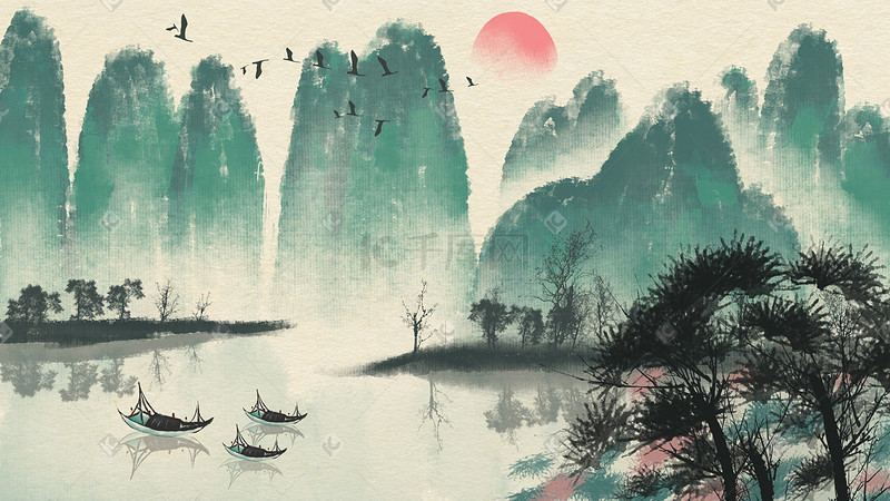 中国风水墨风山川河流风景配图图片