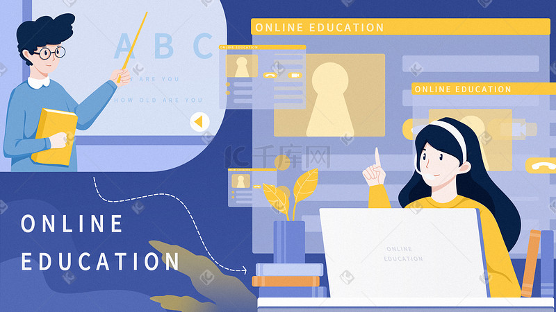 蓝色黄色撞色矢量在线教育女孩上网课图片