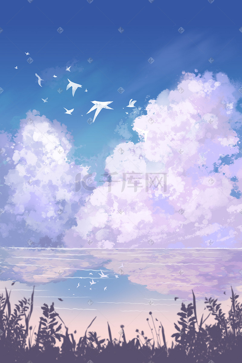 夏天紫色天空蓝天云海背景风景海鸟图片