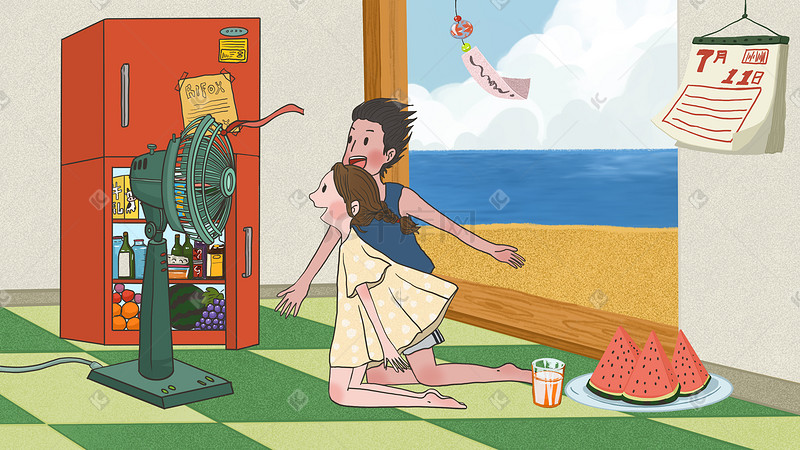 六一儿童节90年代夏天吹风扇的儿童童年冰箱海复古漫画背景图片