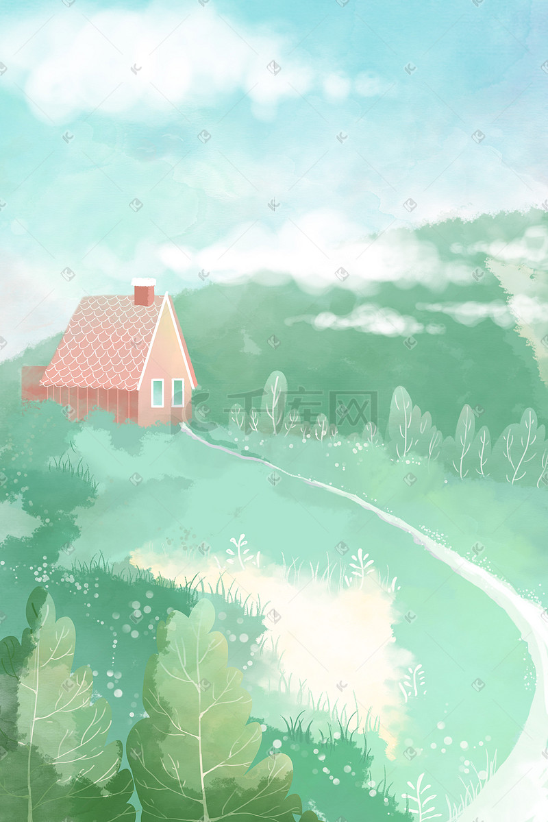 春天夏天绿色唯美治愈天空蓝天云草地山树叶树房屋背景图片