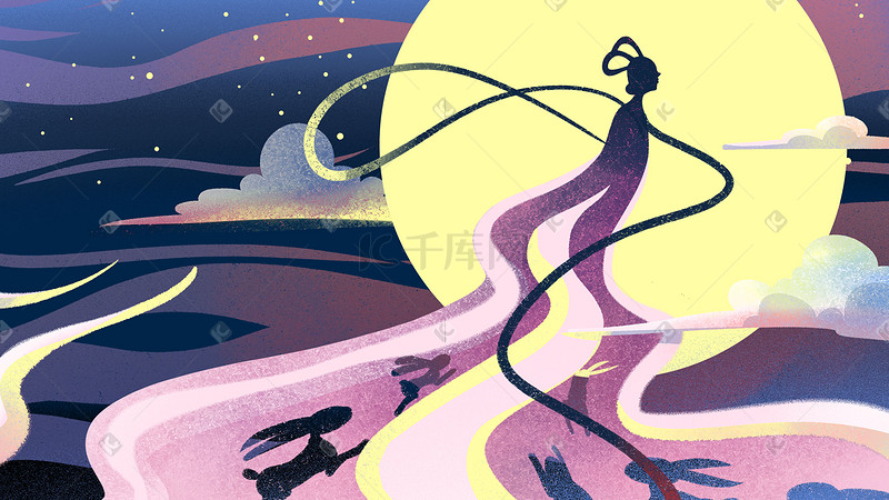 国潮卡通神话嫦娥奔月兔子插画背景图片
