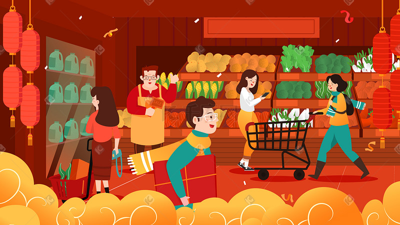 新年春节买年货场景超市中国风手机页面配图促销购物618图片
