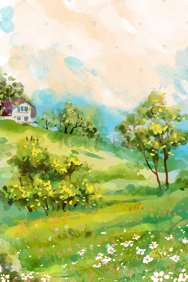 水彩夏天风景房屋天空蓝天云草地树叶树插画背景图片
