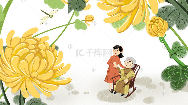 黄色系卡通手绘风重阳节母女配图图片