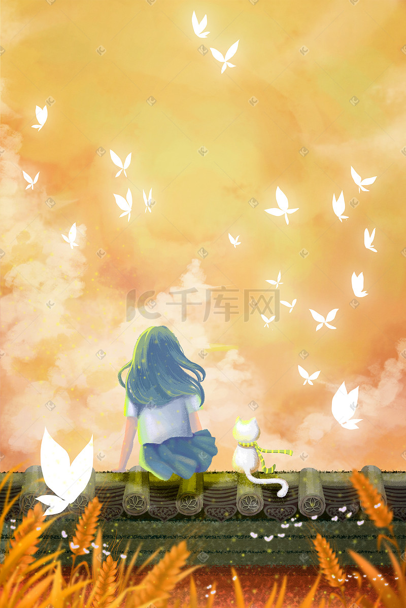 立秋秋天秋季女孩与猫屋顶看夕阳蝴蝶黄色背景图片