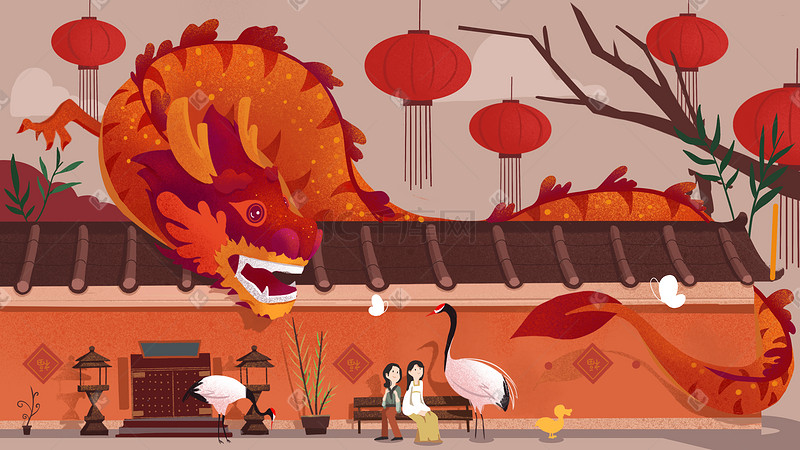 新年春节中国风建筑元素治愈系插图图片