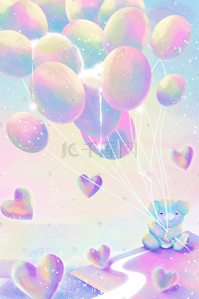 唯美紫色星空宇宙梦幻治愈系小熊气球爱心场景图片