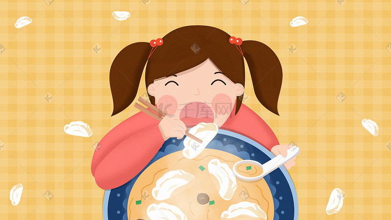 吃饺子的小女孩可爱手绘图片