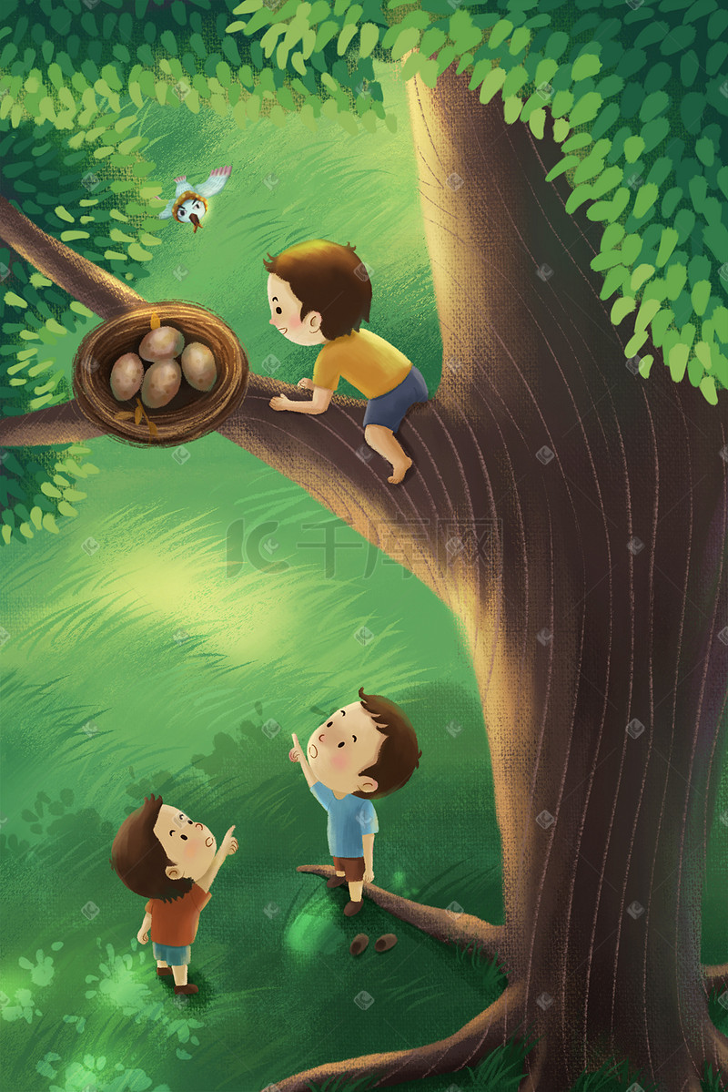 童年夏季小孩爬树鸟窝图片