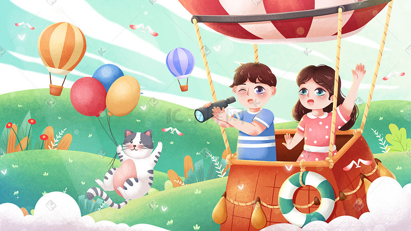 五一出游热气球可爱卡通猫咪气球小清新插画图片