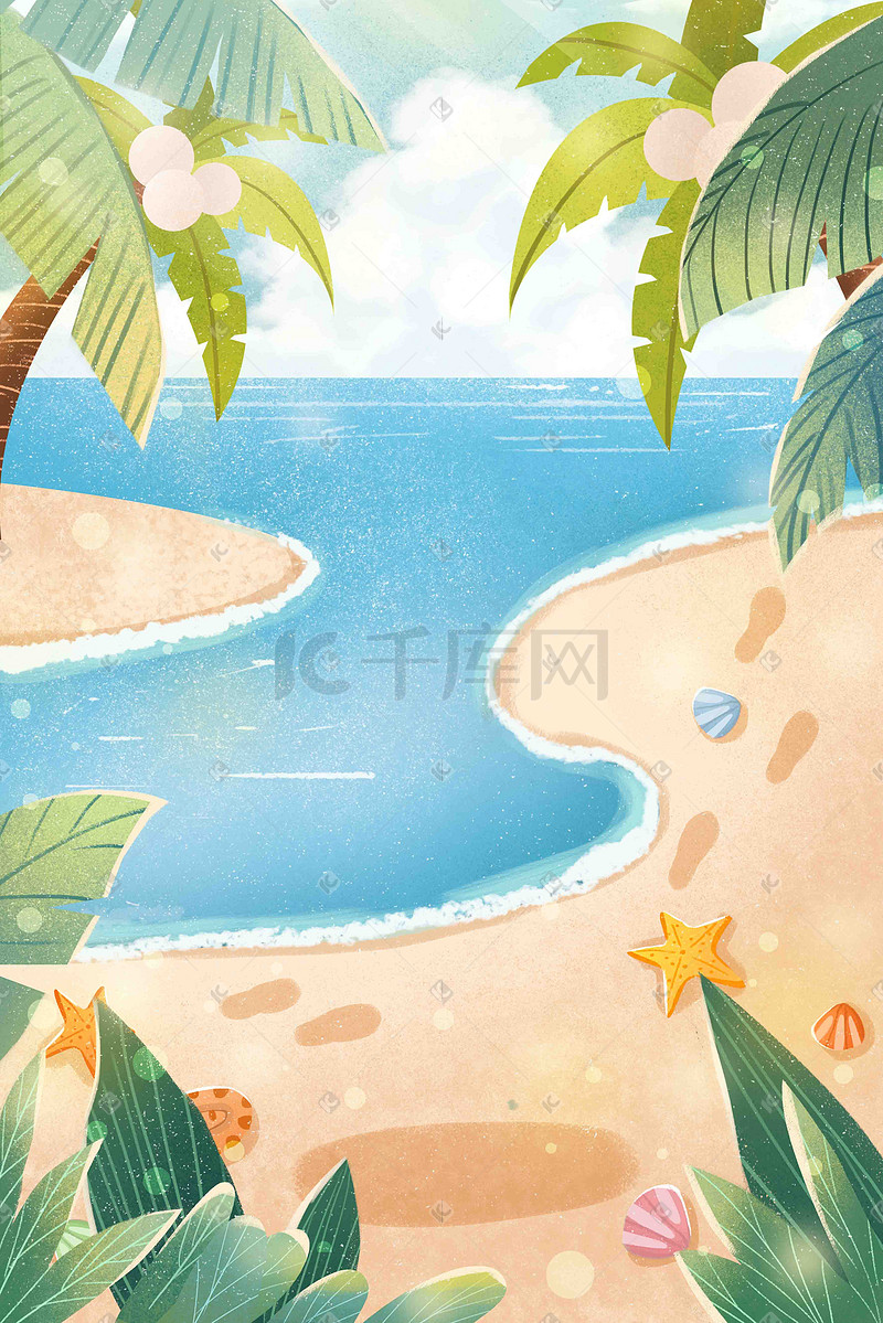 小清新夏天海边沙滩阳光插画图片