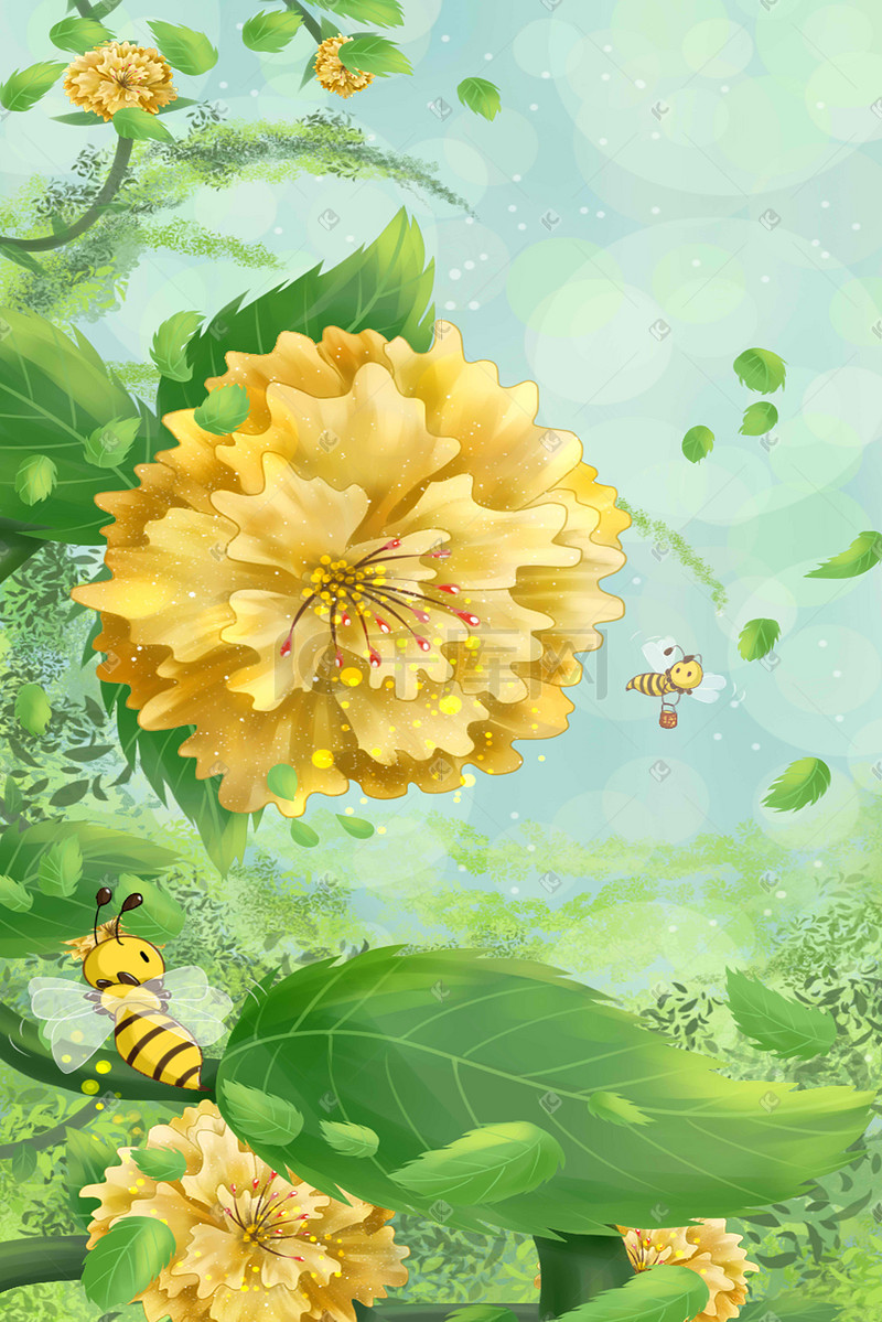 花园蜜蜂采蜜唯美插画图片