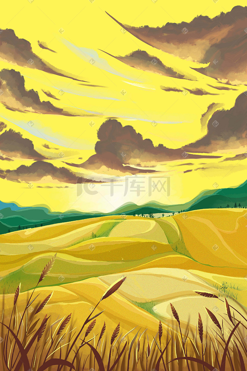 芒种小满秋天秋收丰收金黄色黄昏下的麦田手绘插画图片