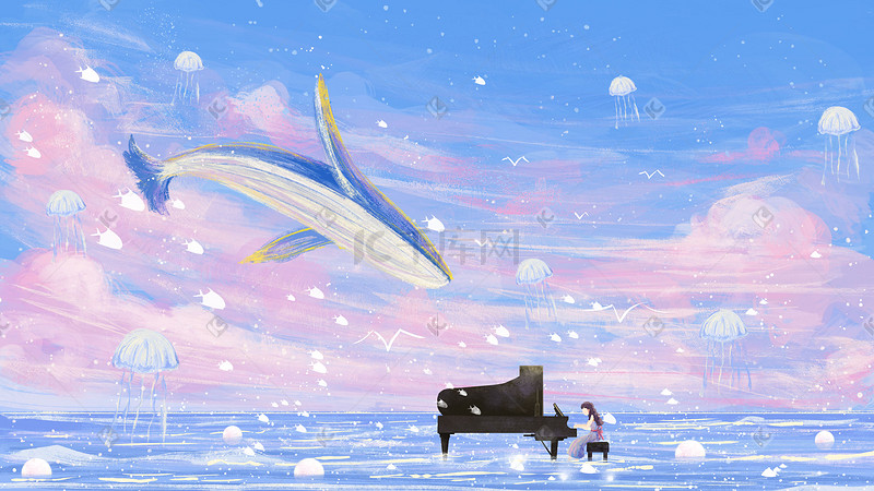 梦幻唯美治愈果冻色之海上钢琴鲸鱼水母图片