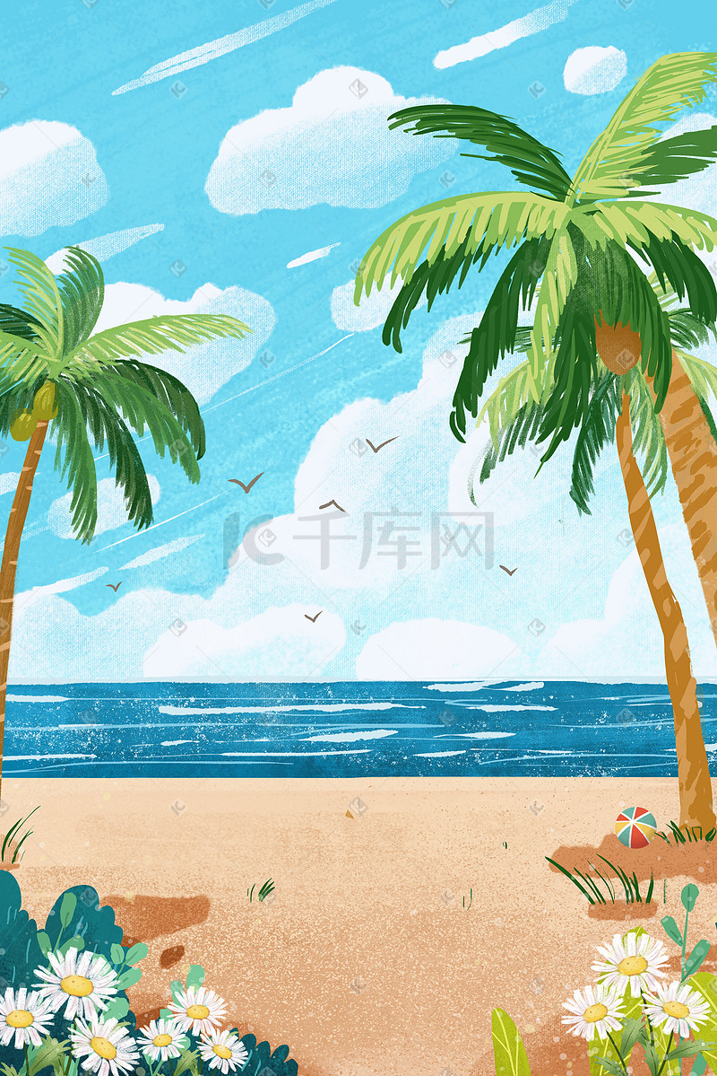 夏日海边唯美风景沙滩大海海鸥椰子树图片