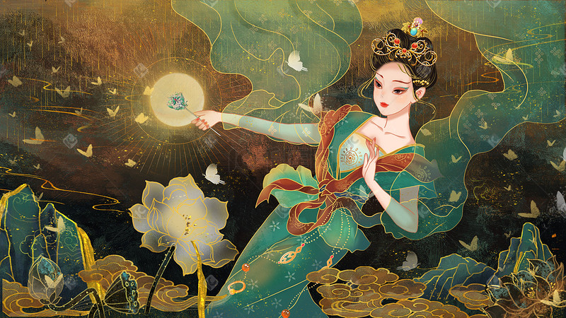 国潮岩彩壁画民间传说青蛇古风中国风插画图片