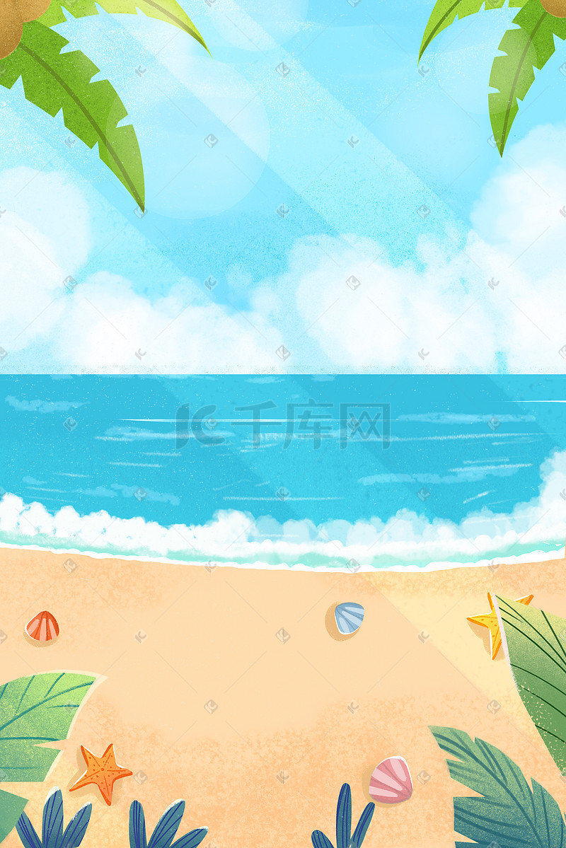 小清新夏天海边沙滩海星贝壳大海蓝天景色图片