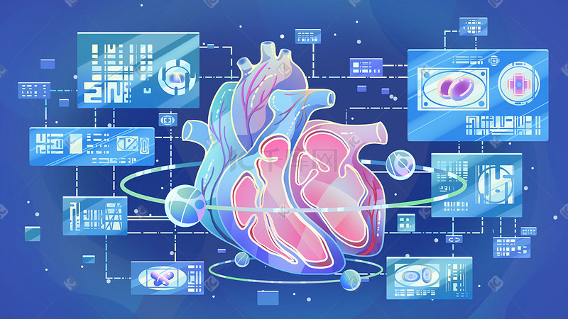 心脏刨面蓝色扁平卡通未来医疗插画科技科普图片