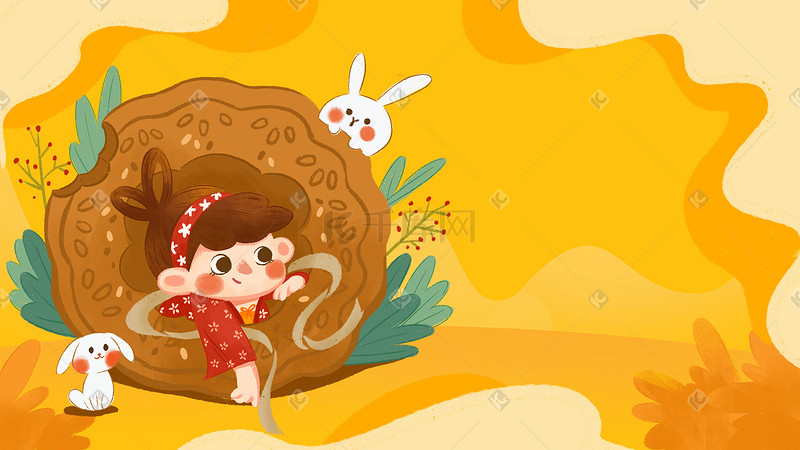 中秋中秋节月饼卡通女孩兔子手绘植物小清新中秋图片