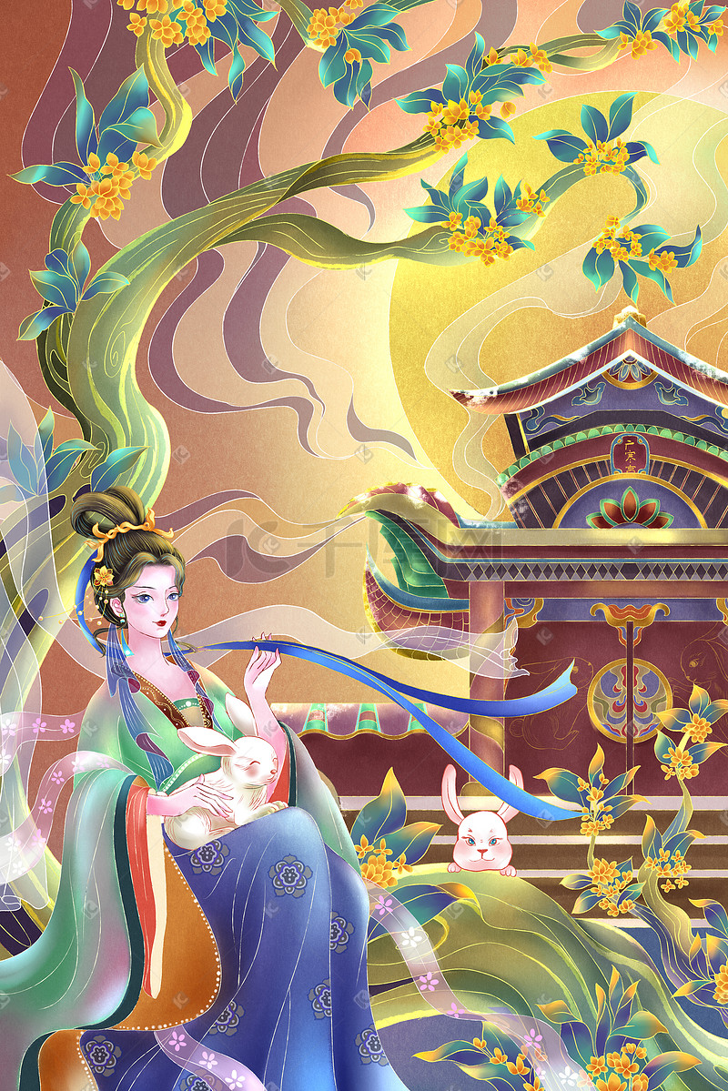 中秋节桂花树上的仙子手绘插画中秋图片