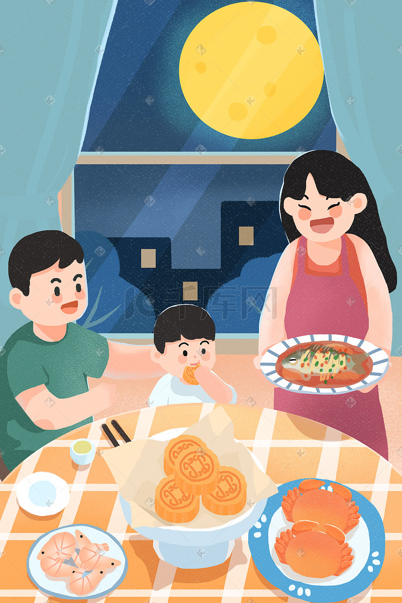 手绘中秋节节日家人吃饭场景插画中秋图片