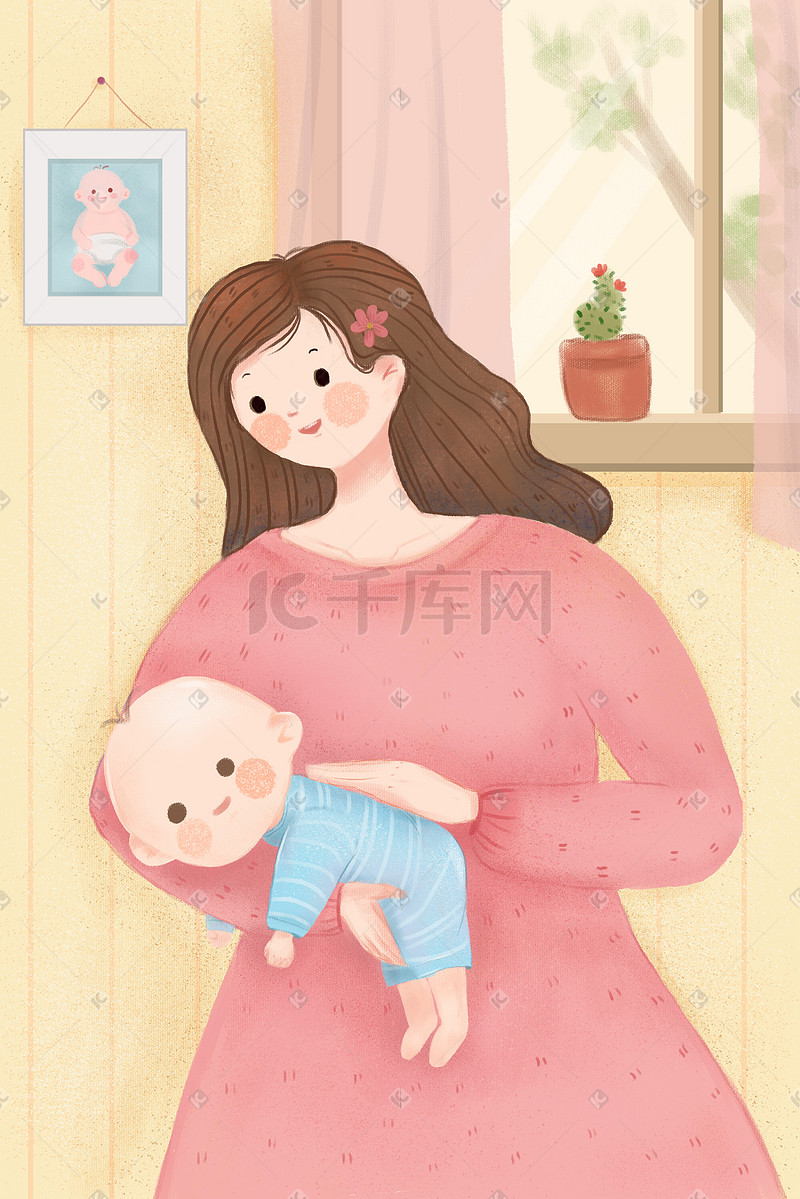 母亲哺育喂养母婴婴儿月子中心拍嗝温馨插画图片