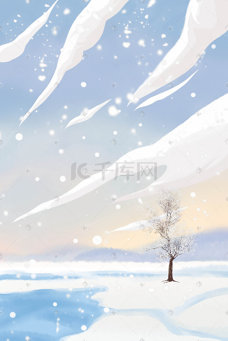 卡通小清新冬天雪景唯美插画图片